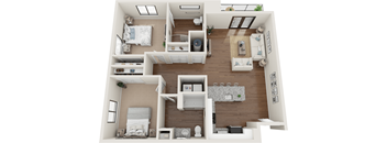 A top-down view of a modern apartment layout with a living room, kitchen, and bedrooms.