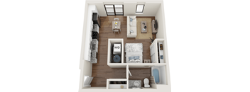 A top down view of a small apartment with a bedroom, living room, and bathroom.