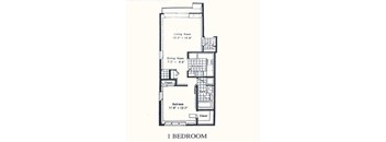 A black and white drawing of a one bedroom apartment.