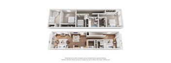 A 3D floor plan of a house with two bedrooms, a living room, a kitchen, and a bathroom.