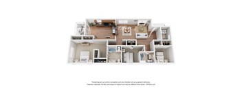 A 3D floor plan of a house with a kitchen, living room, and bedrooms.