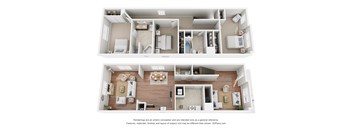 A 3D floor plan of a house with two bedrooms, a living room, a kitchen, and a bathroom.