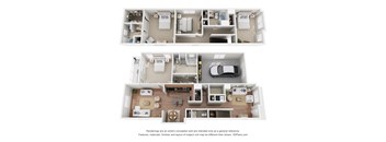 A 3D floor plan of a house with a kitchen, living room, and bedrooms.