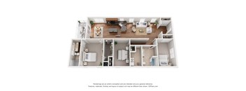 A 3D floor plan of a house with a kitchen, living room, and bathroom.