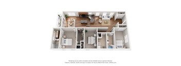 A 3D floor plan of a house with a living room, kitchen, dining room, and bedrooms.