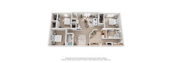 A 3D floor plan of a house with multiple rooms and furniture.