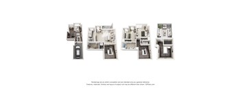 Four different 3D floor plans of a townhome are shown.