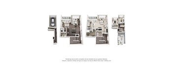 Four different layouts of a stacked townhome are shown.