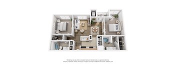 A 3D floor plan of an apartment with a kitchen, living room, dining room, and bathrooms.