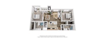 A 3D floor plan of an apartment with a kitchen, living room, dining room, and bathrooms.