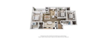 A 3D floor plan of an apartment with a kitchen, living room, dining room, and bedrooms.