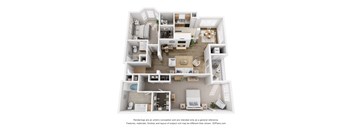 A 3D floor plan of an apartment with a kitchen, living room, and bathrooms.