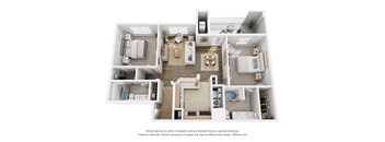 A 3D floor plan of an apartment with a kitchen, living room, dining room, and bathrooms.