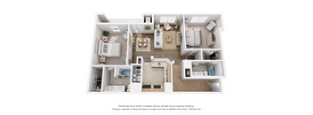 A 3D floor plan of an apartment with a kitchen, living room, dining room, and bedrooms.