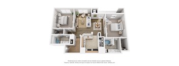 A 3D floor plan of an apartment with a kitchen, living room, and bathrooms.