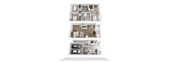 Three floor plans of a house with a kitchen, living room, and bedrooms.