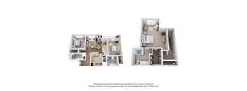 Two floor plan images of an apartment with a kitchen, living room, bedrooms and bathrooms.