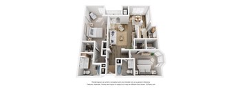 A 3D floor plan of an apartment with a kitchen, living room, and bathrooms.