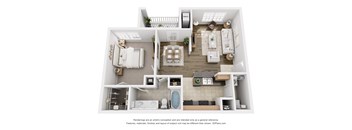 A 3D floor plan of an apartment with a kitchen, living room, dining room, and bathrooms.