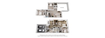A 3D floor plan of a house with a kitchen, living room, and two bedrooms.