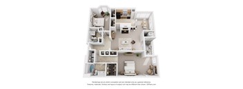 A 3D floor plan of an apartment with labeled rooms.