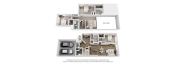 A 3D floor plan of a house with a kitchen, living room, and two bedrooms.