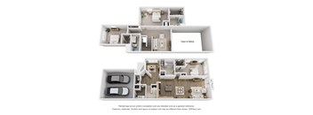 A 3D floor plan of a house with a kitchen, living room, and two bedrooms.