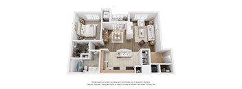 A 3D floor plan of an apartment with a kitchen, living room, and bathrooms.