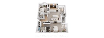 A 3D floor plan of an apartment with a kitchen, living room, and bathrooms.
