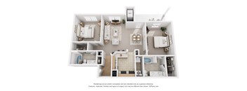 A 3D floor plan of an apartment with a kitchen, living room, and bathroom.