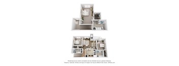 A floor plan of a two-bedroom apartment with a kitchen and living room.