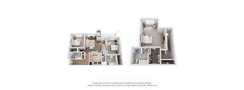 Two floor plans of an apartment with a kitchen, living room, and bathrooms.