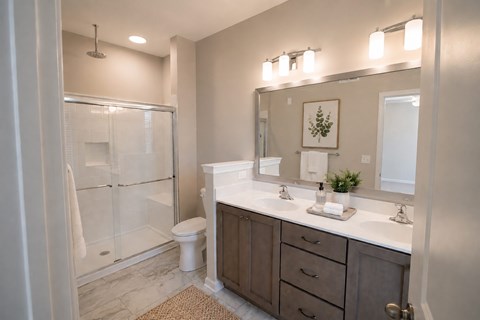 A bathroom with a white toilet, a sink with a mirror above it, and a glass shower stall.