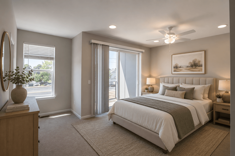 A bedroom with a large bed, a dresser, and a painting on the wall.