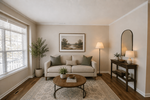 A living room with a couch, a coffee table, and a painting on the wall.