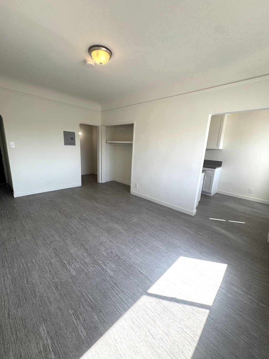 A room with a grey carpet and a white wall with a light switch.