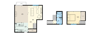 A floor plan of a loft with one bedroom, a living room, a kitchen, and a bathroom.