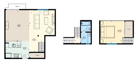 A floor plan of a loft with one bedroom, a living room, a kitchen, and a bathroom.