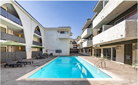 a swimming pool in the middle of a building at Bonnie Brae Apartments, Los Angeles, CA