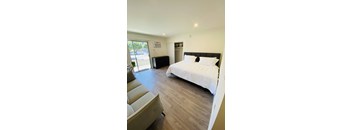 a bedroom with a bed and a couch in a room