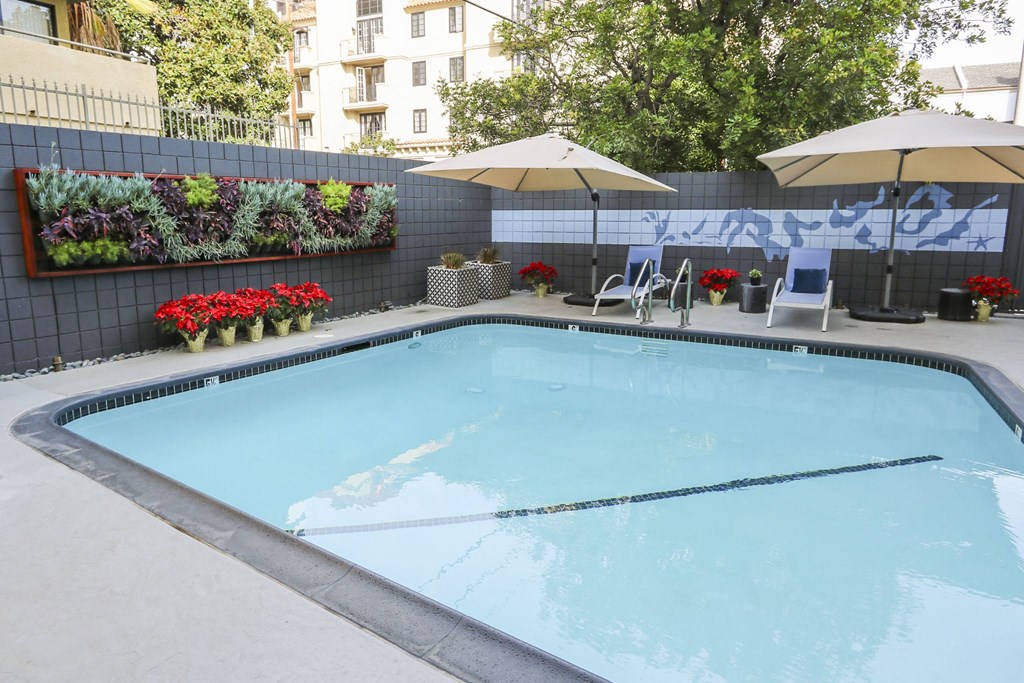 Swimming Pool & Shades at Westwood Riviera Apartments, Los Angeles, California