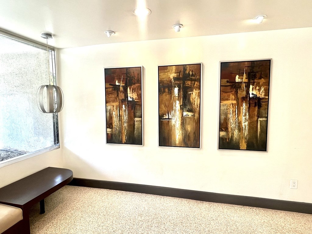 Lobby entrance wall art and seating area  at Parc Meridien, Los Angeles, California