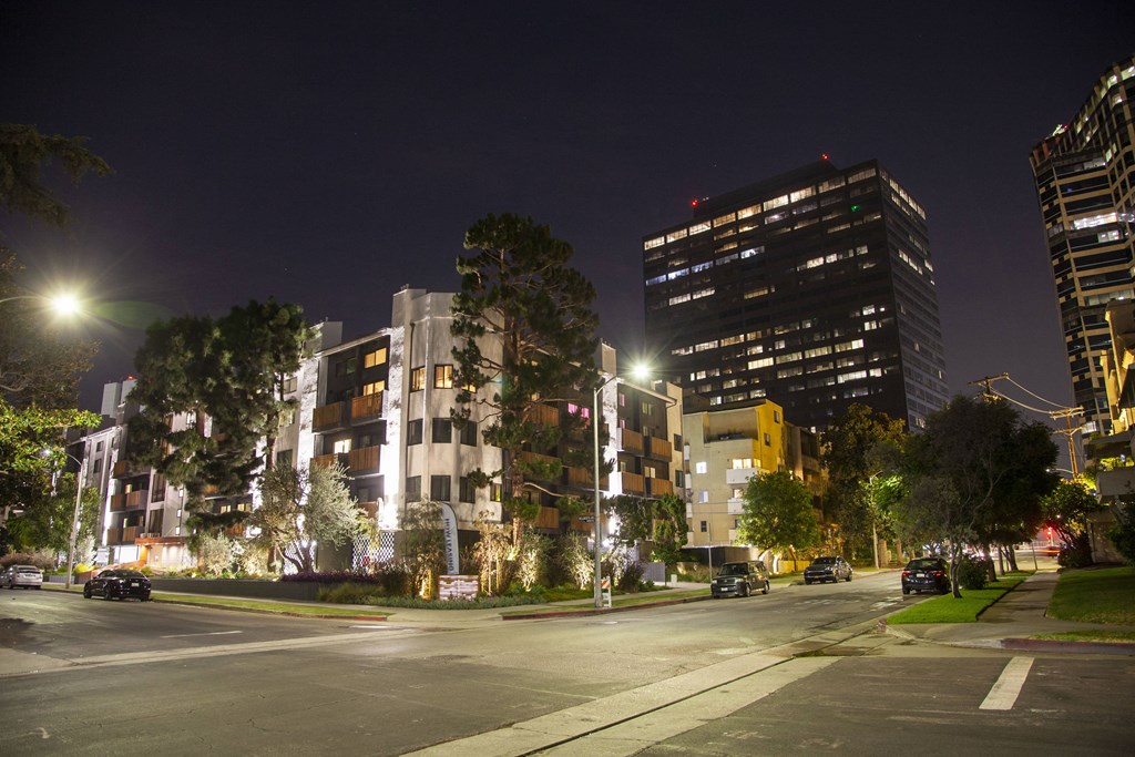 Exterior city views from street level at Westwood Riviera Apartments, Los Angeles, California