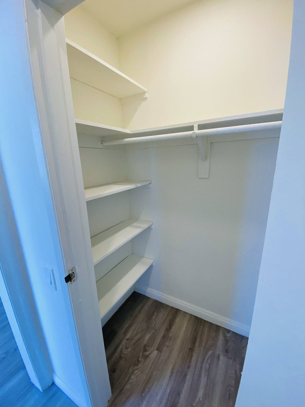 a walk in closet with shelves and a door