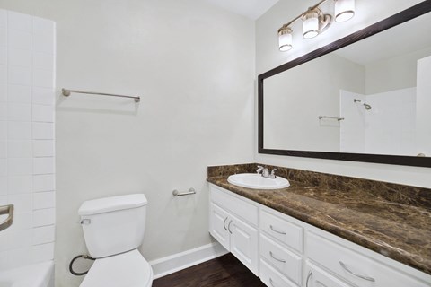 A white toilet sits next to a sink in a bathroom.