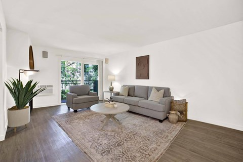 A living room with a grey couch and a rug.
