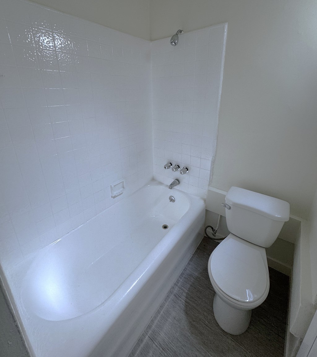A white toilet sits next to a bathtub in a bathroom.