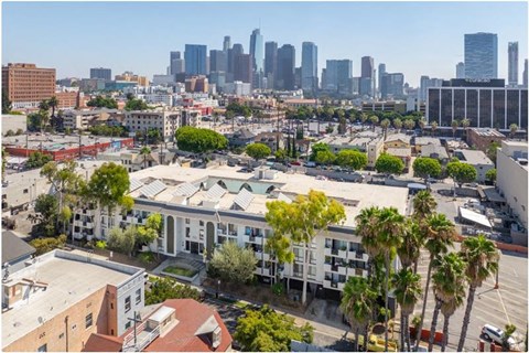 a view of the city with palm trees and buildings at Bonnie Brae Apartments, Los Angeles, California
