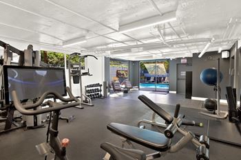 A gym with a variety of equipment including treadmills, weights, and exercise balls.