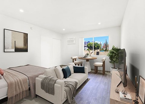 A living room with a couch, a chair, a television, and a window.